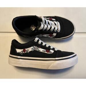 Vans "US Missy" Kids Size 11 Black Roses Slip On Classic Floral
